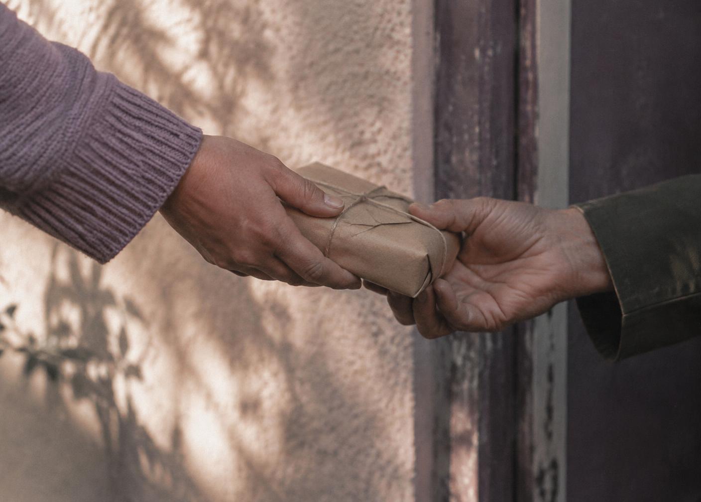 Two hands passing a small package