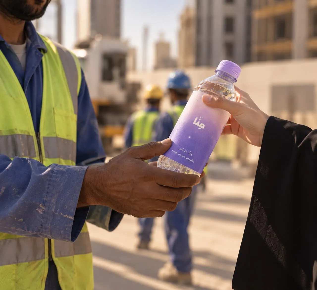 A cold MINNA water bottle handed to a construction worker on a Riyadh site