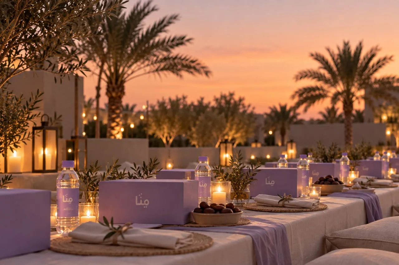 Volunteers laying out iftar meals along a long table at dusk, with lanterns and the Riyadh skyline behind