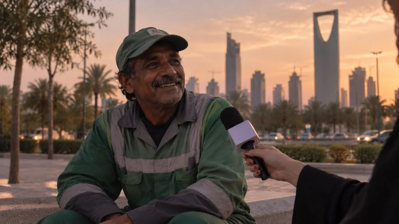 A municipal worker in a green uniform smiles during a street interview at sunset in Riyadh
