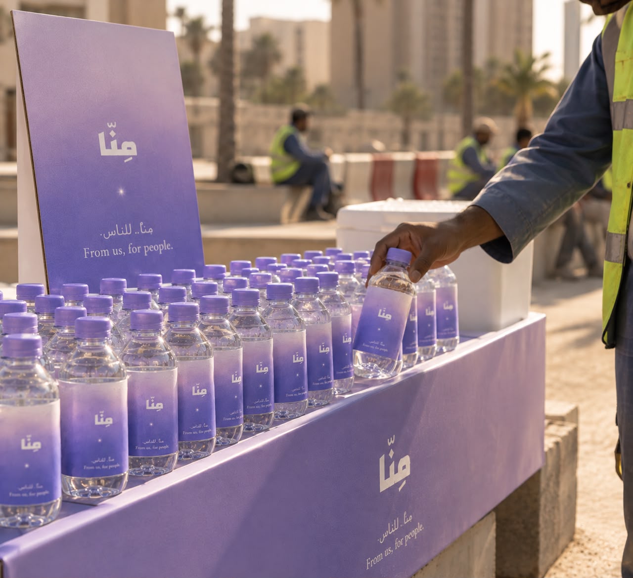 MINNA water bottles laid out on a table for workers in Riyadh